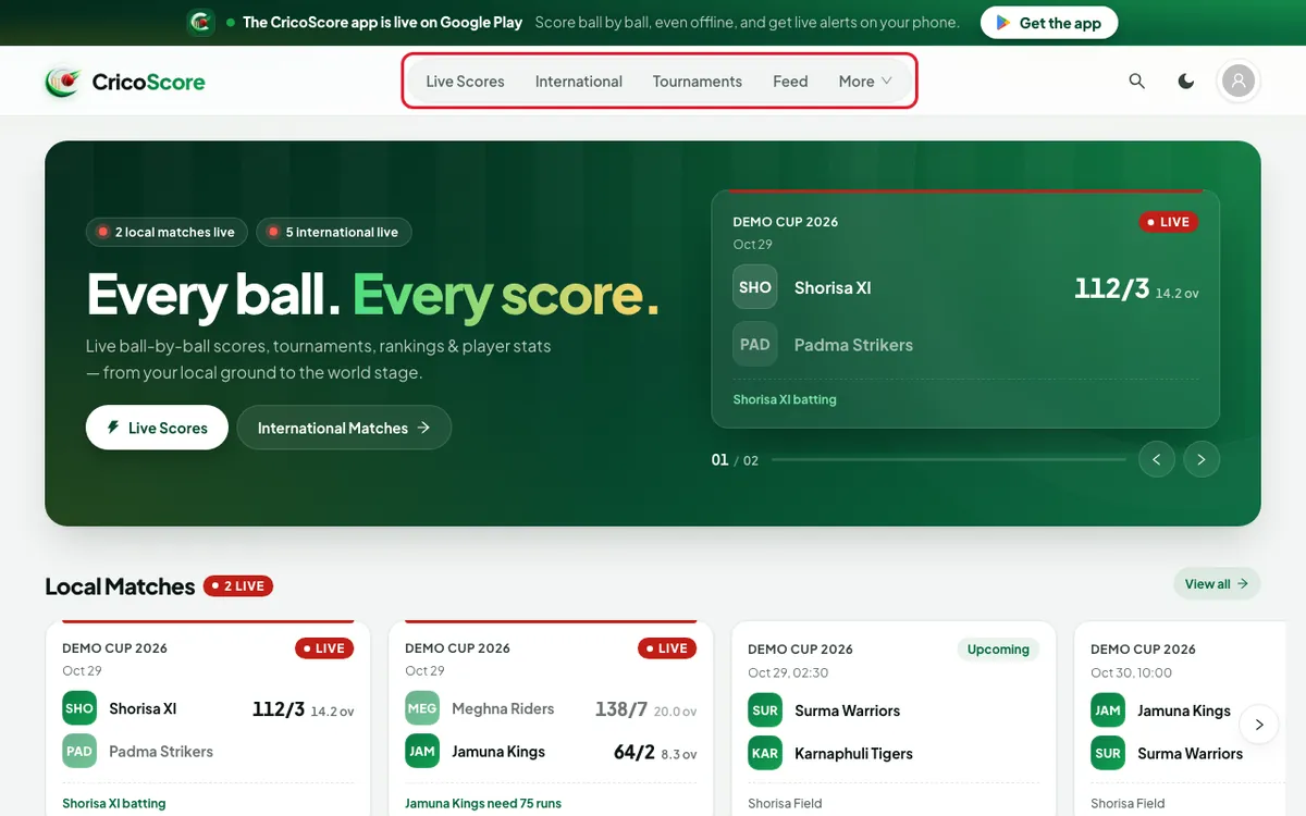 The CricoScore website on a computer. The top menu with Live Scores, International, Tournaments, Feed and More is circled.