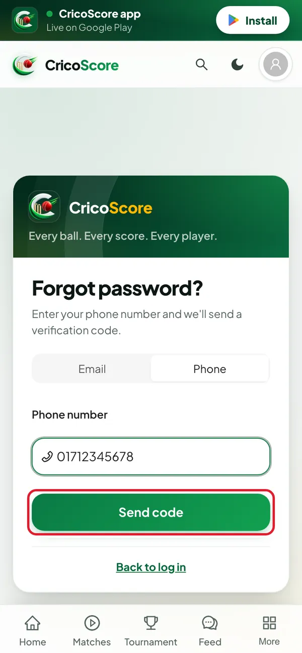 The Forgot password? page on a phone, with Phone chosen and the number 01712345678 typed in. The Send code button is circled.
