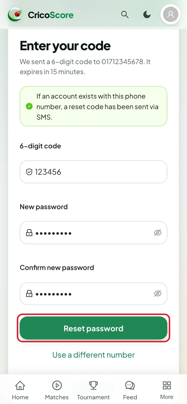 The Enter your code page on a phone, with the code 123456 and a new password typed in twice. The Reset password button is circled.