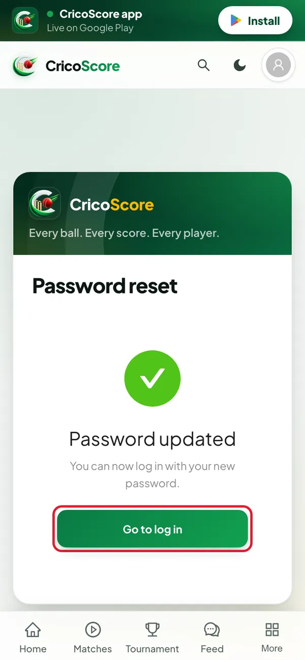 The Password updated message on a phone, saying you can now log in with your new password. The Go to log in button is circled.