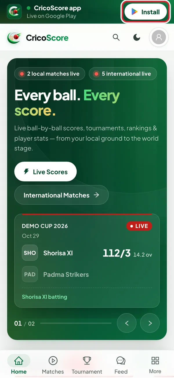 The top of the home page on a phone. The dark green app bar says CricoScore app, Live on Google Play; its Install button is circled.