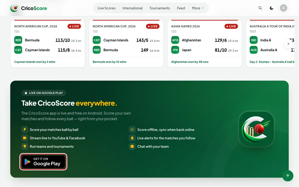 The Take CricoScore everywhere panel on the home page on a computer. The black GET IT ON Google Play button is circled.