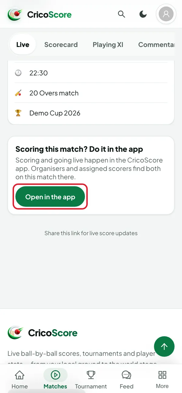 A match page on an Android phone, scrolled below the tabs to the app card. The Open in the app button is circled.