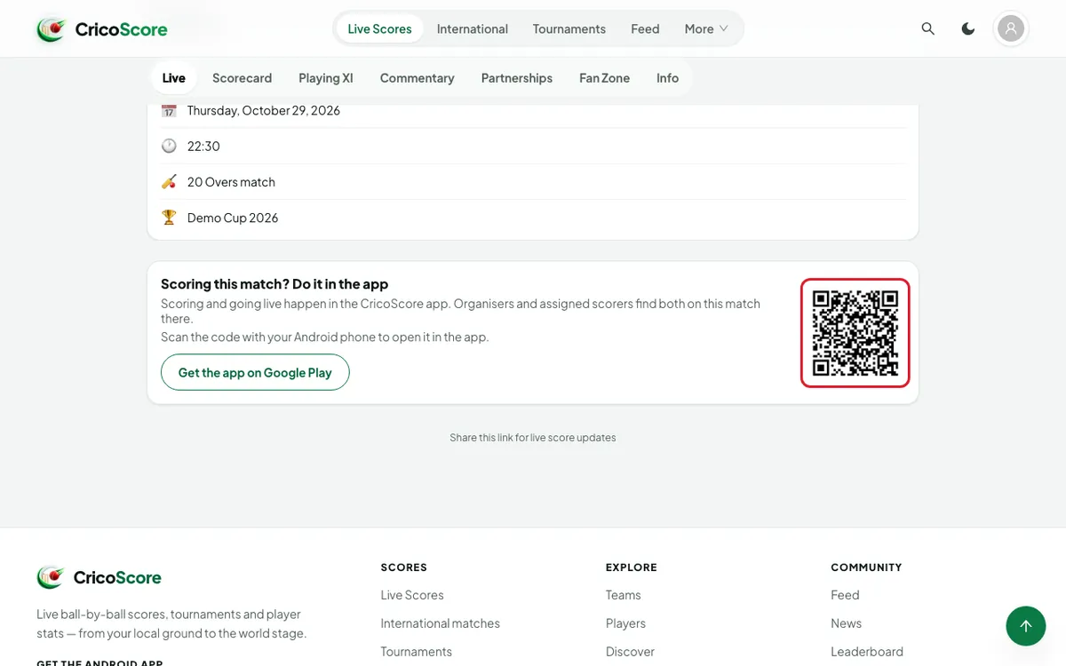 A match page on a computer with the app card below the tabs. The card shows a Get the app on Google Play button and a QR code; the QR code is circled.