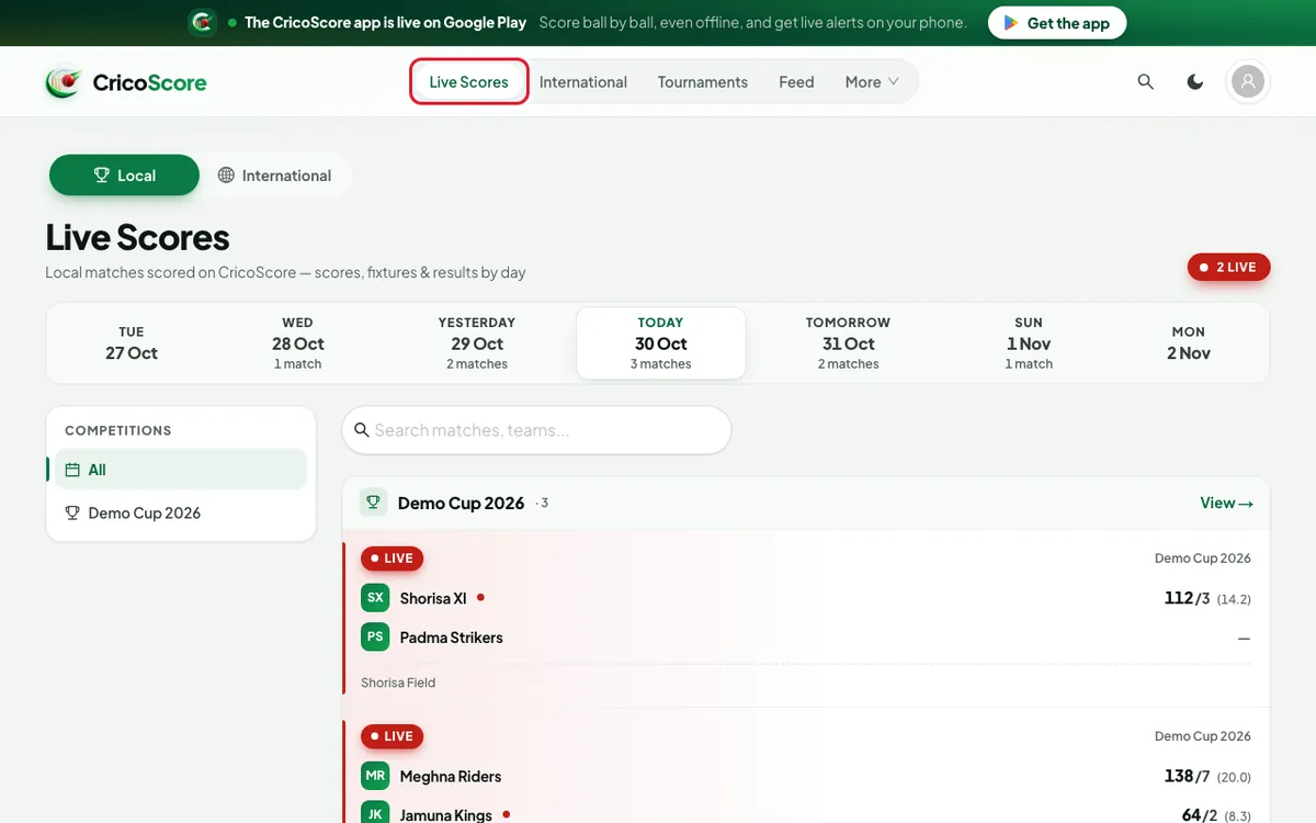 The Live Scores page on a computer, with today’s demo matches and "2 Live" at the top right. Live Scores in the top menu is circled.