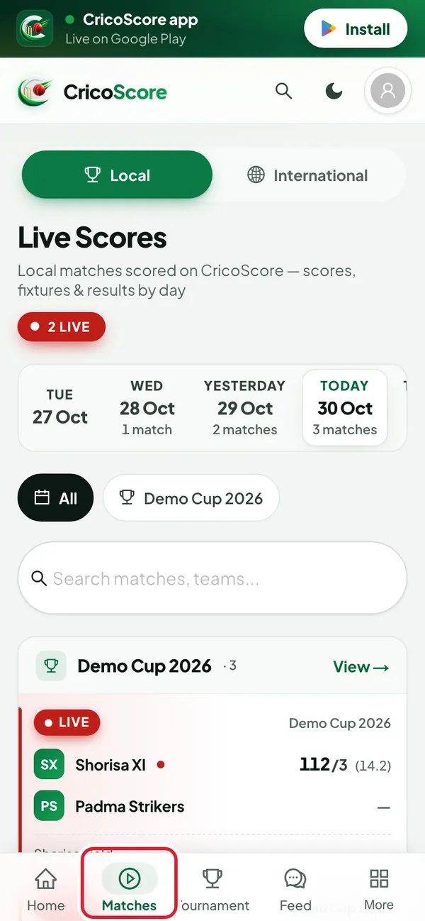 The Live Scores page on a phone. Matches in the bottom bar is circled.