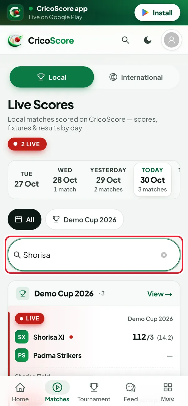 The search box on a phone with "Shorisa" typed in it, and one live match card for Shorisa XI below. The search box is circled.
