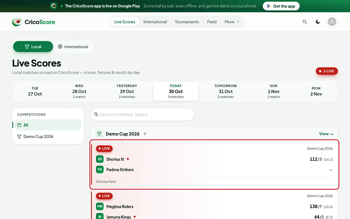 A live match card for Shorisa XI against Padma Strikers on a computer. The card is circled.