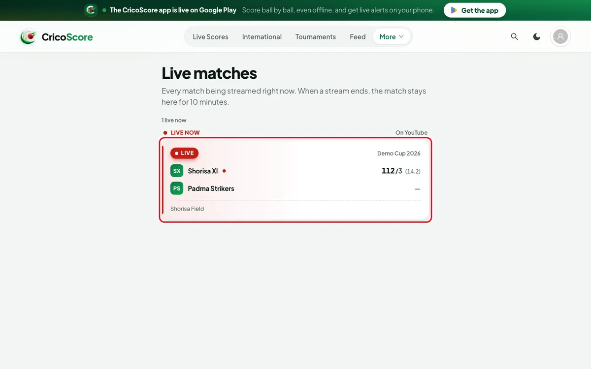The Live matches page on a computer, with one demo match marked Live now and On YouTube. The match card is circled.