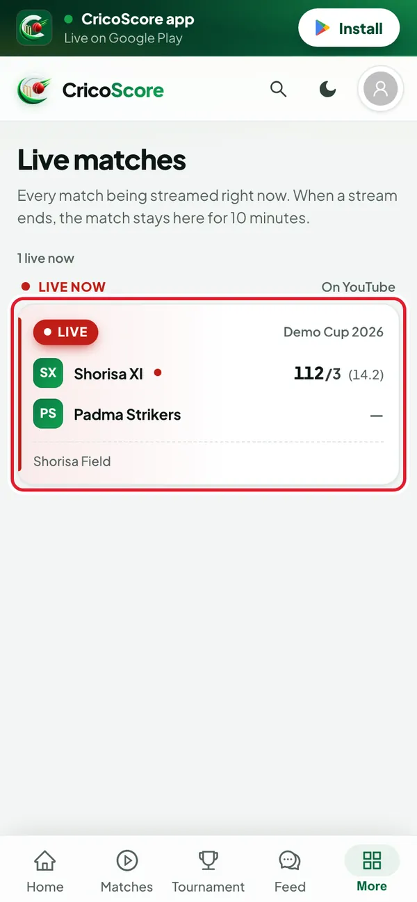 The Live matches page on a phone, with one demo match marked Live now and On YouTube. The match card is circled.