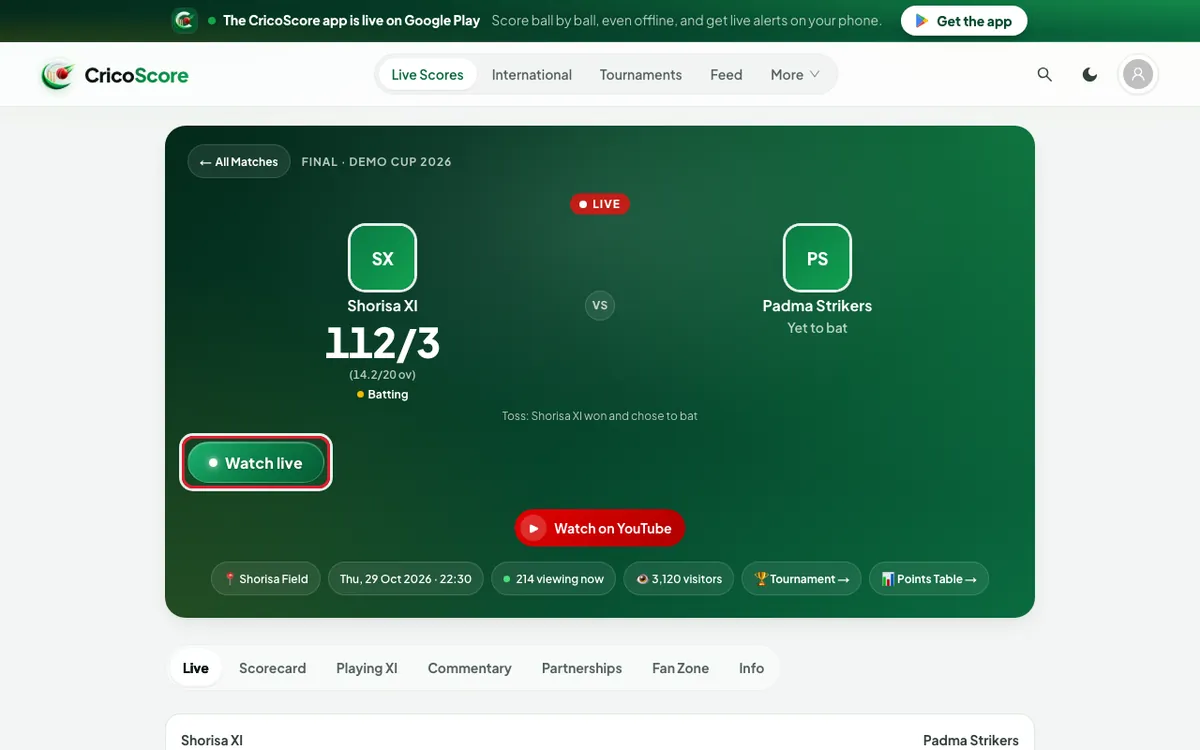 The top of the live demo match Shorisa XI against Padma Strikers on a computer. The green Watch live button is circled.
