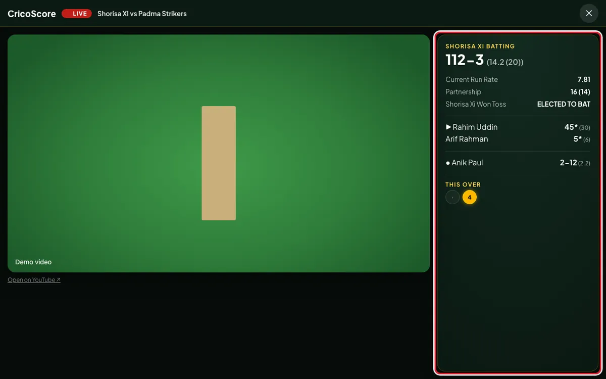 The live view on a computer: the video on the left and the live score on the right, with the batters, the bowler and This over. The score panel is circled.