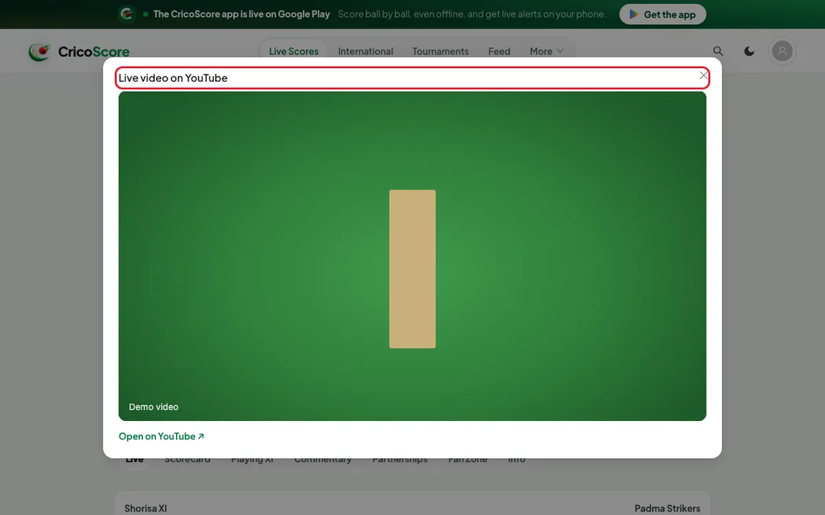 A pop-up titled "Live video on YouTube" open over the demo match page on a computer, with the video and Open on YouTube under it. The pop-up title is circled.