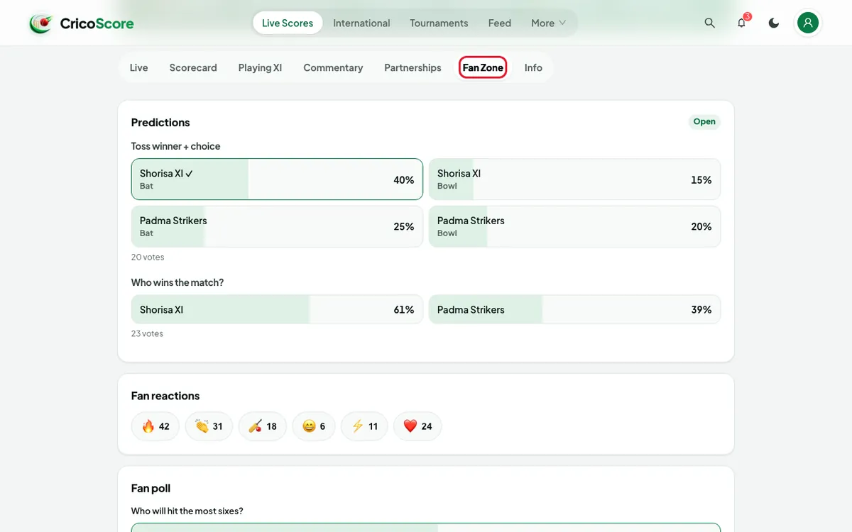 A match page on a computer with the Fan Zone tab open, showing the Predictions card and the Fan reactions. The Fan Zone tab is circled.