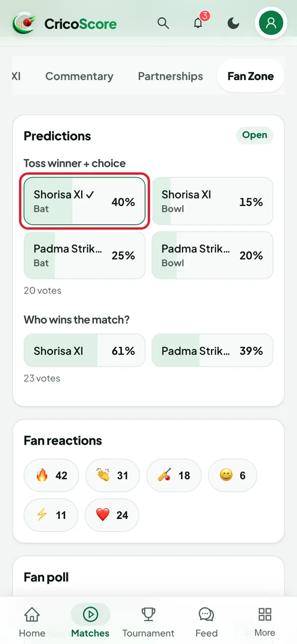 The Predictions card on a phone. The chosen box, "Shorisa XI ✓ Bat 40%", is circled.