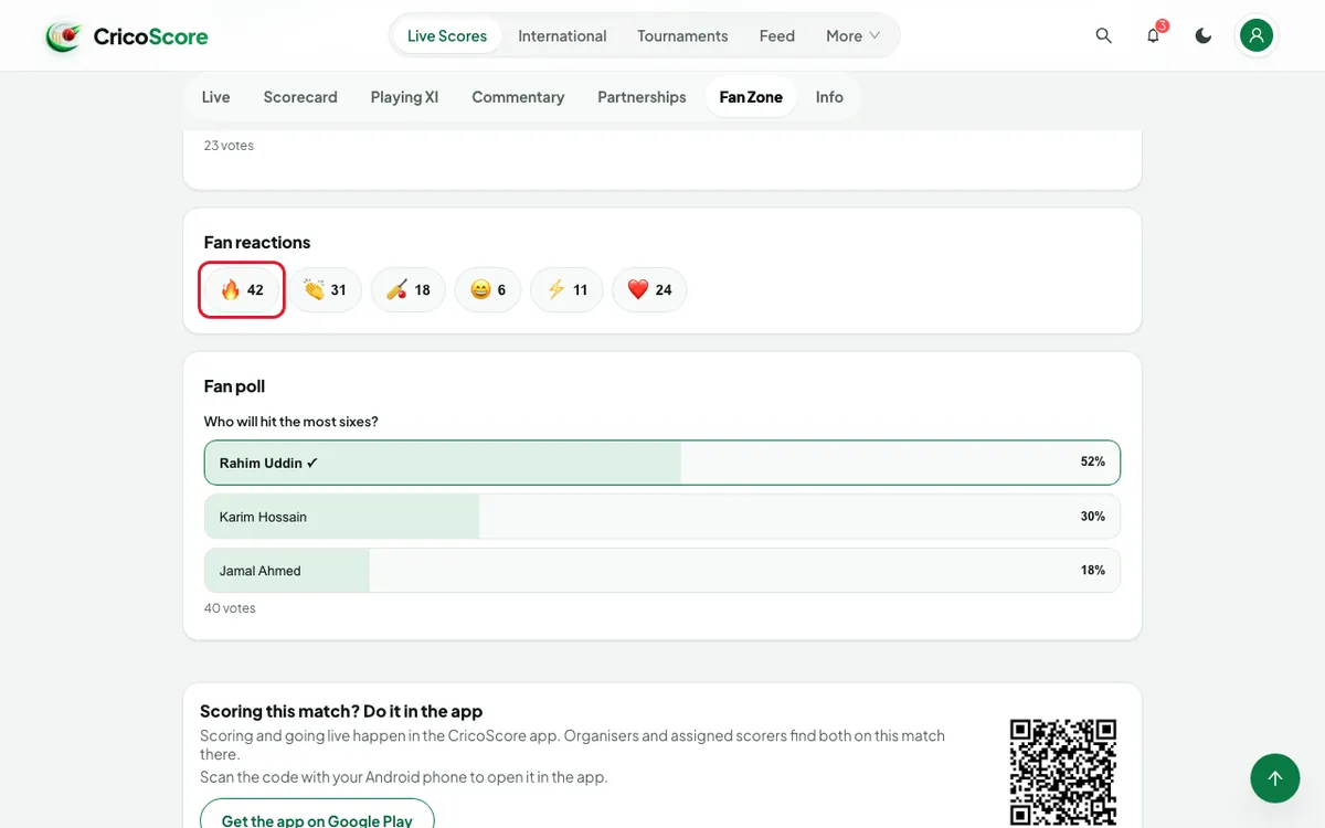 The Fan reactions row with an emoji button and its count for each reaction. The fire emoji is circled.