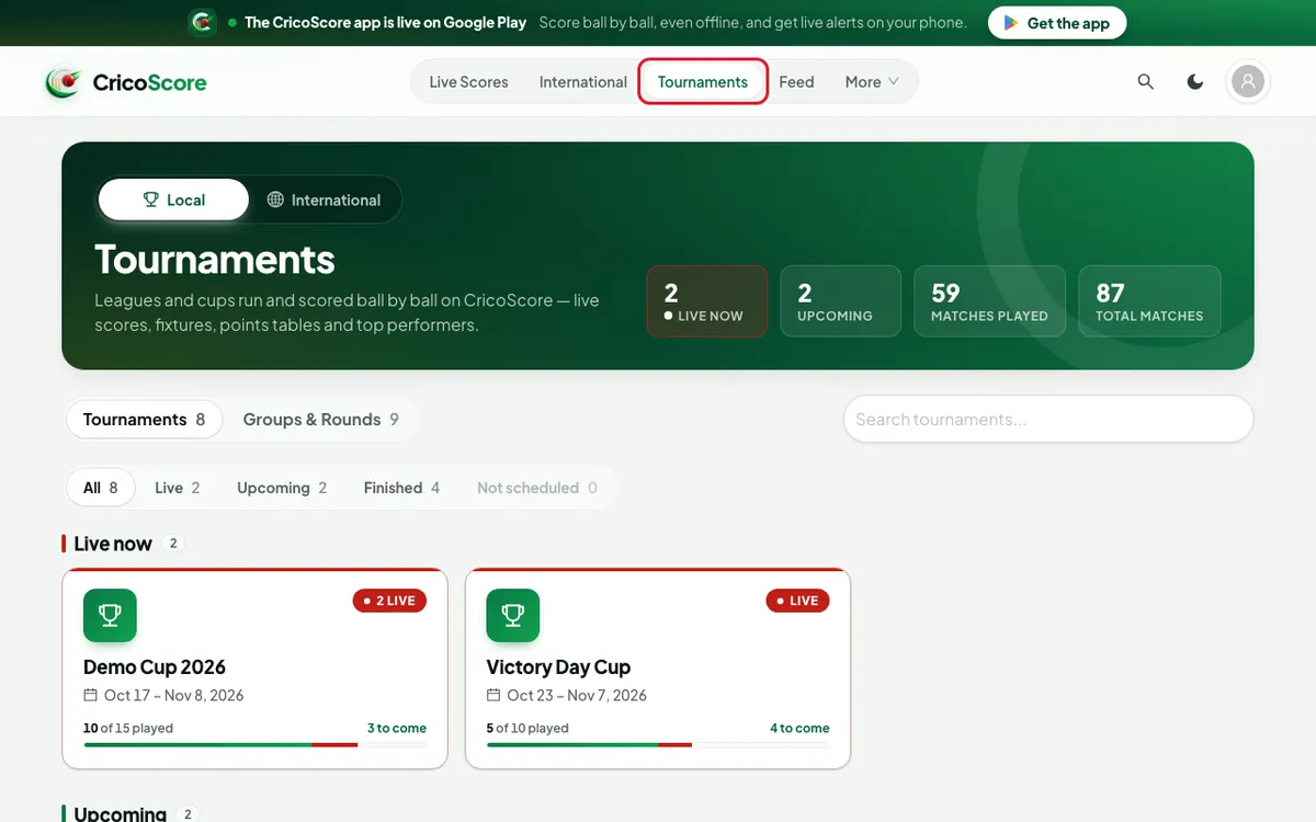 The Tournaments page on a computer, with demo tournaments. Tournaments in the top menu is circled.