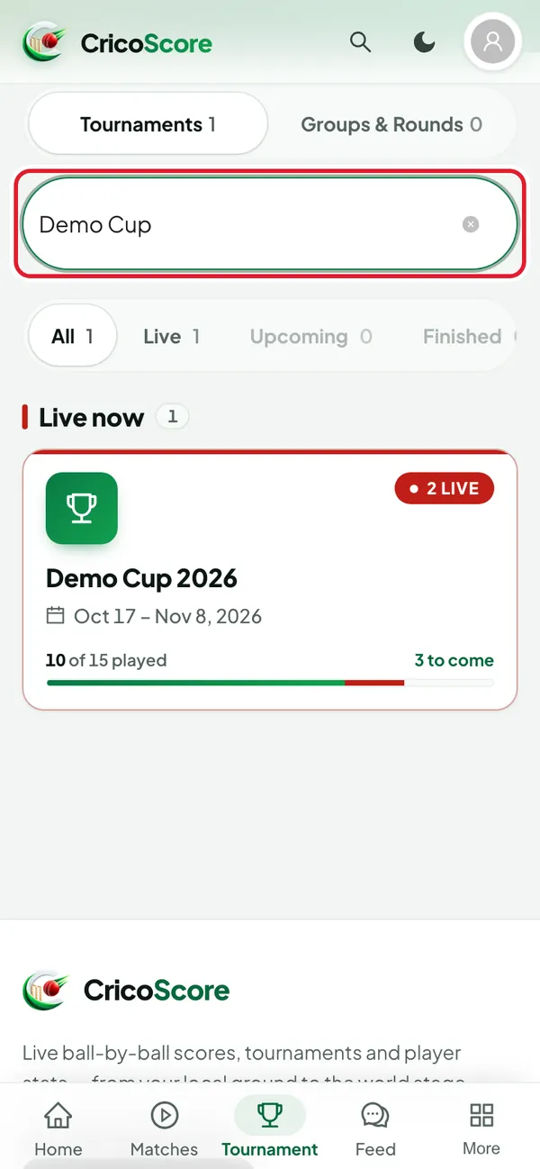 The Tournaments page on a phone with "Demo Cup" typed in the search box. The search box is circled.