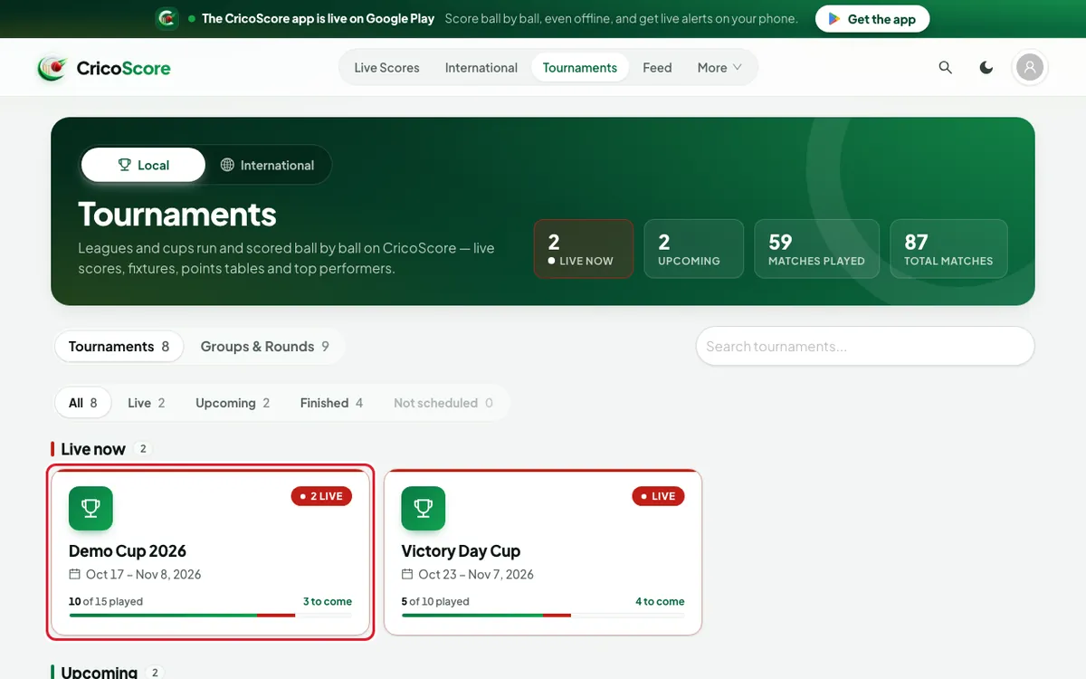 The tournament card "Demo Cup 2026" on the Tournaments page, circled.