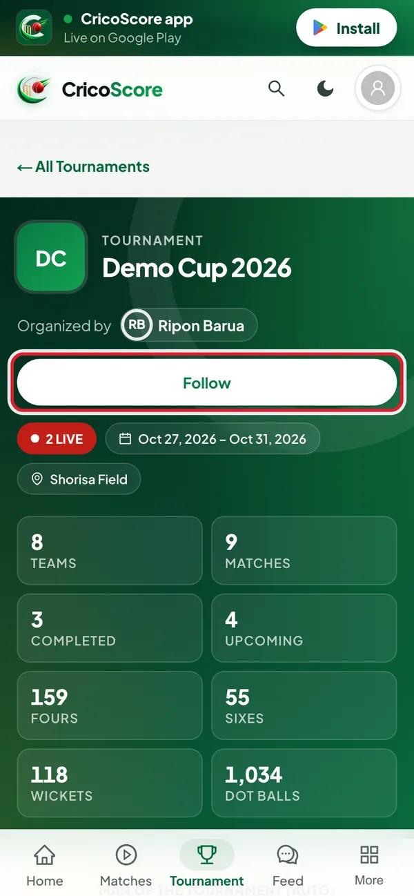 The top of the Demo Cup 2026 tournament page on a phone. The Follow button is circled.