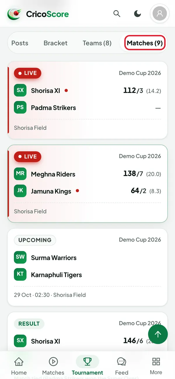 The Matches tab of a tournament on a phone, with match cards. The Matches tab is circled.