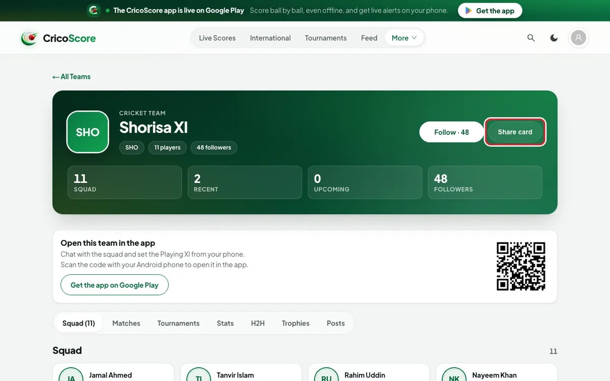 The top of the Shorisa XI team page on a computer, with Follow and Share card. Share card is circled.