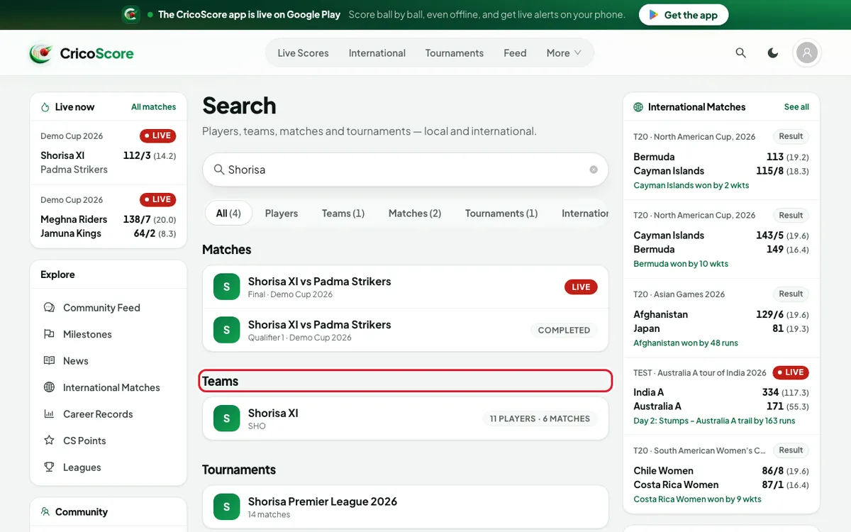 Search results for "Shorisa" on a computer: the team Shorisa XI, matches and the tournament Shorisa Premier League 2026. The Teams heading is circled.