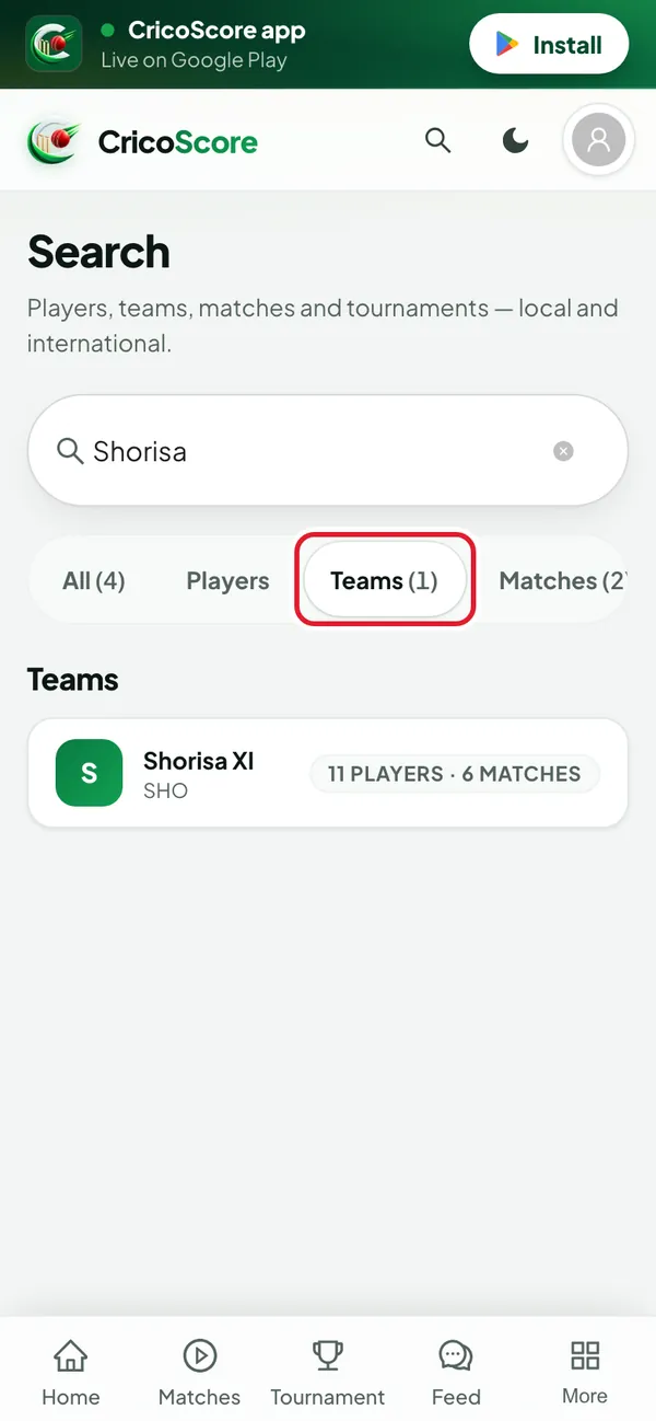 The filter buttons under the search box on a phone, with Teams chosen. The Teams button is circled.