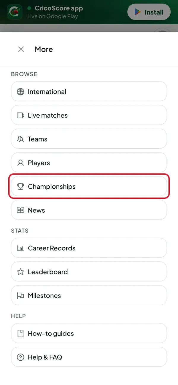 The More sheet open on a phone, with Browse and Stats links. Championships under Browse is circled.