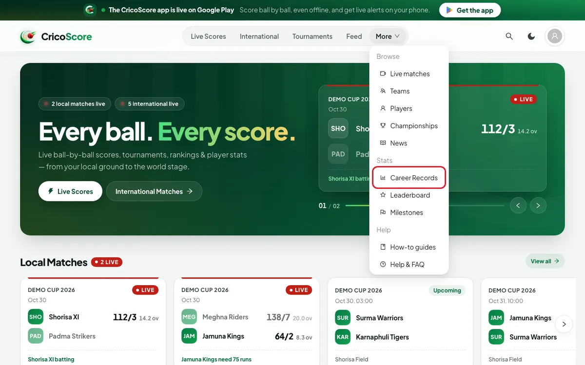 The More menu open on a computer, with Browse and Stats groups. Career Records under Stats is circled.