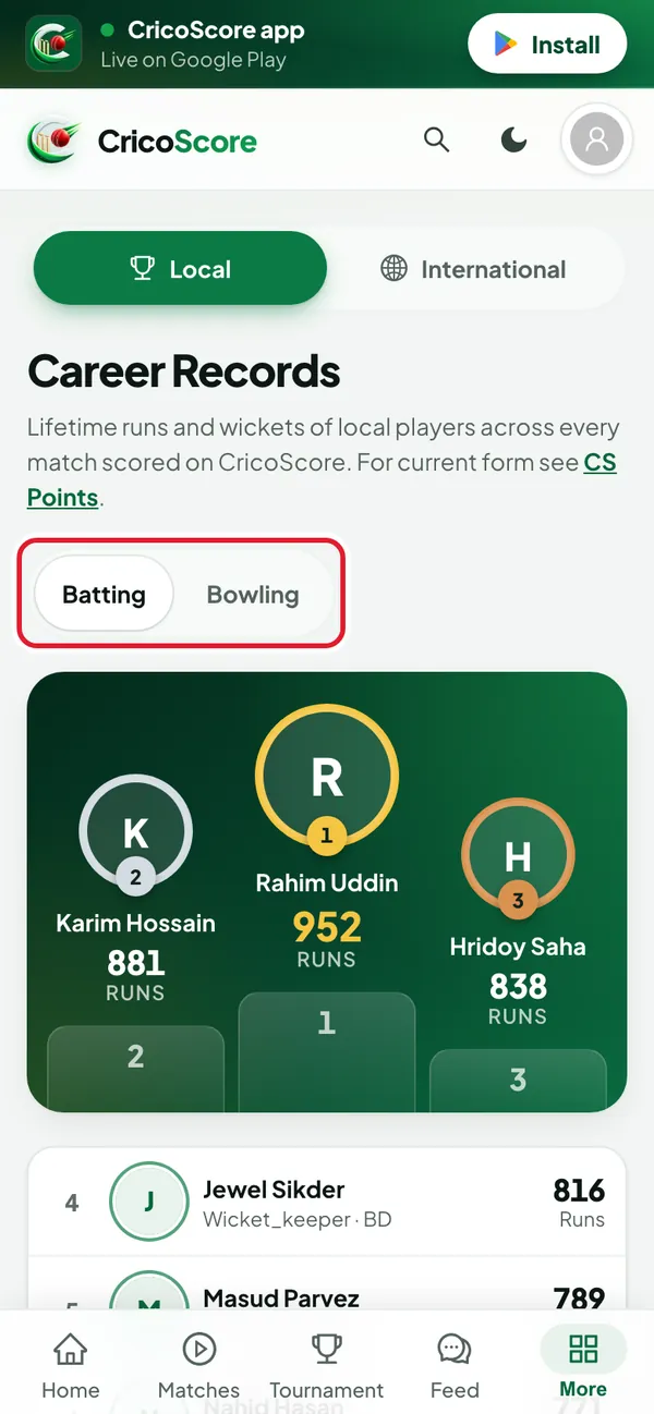 The Career Records page on a phone, with the top three run-scorers on a podium. The Batting and Bowling buttons are circled.
