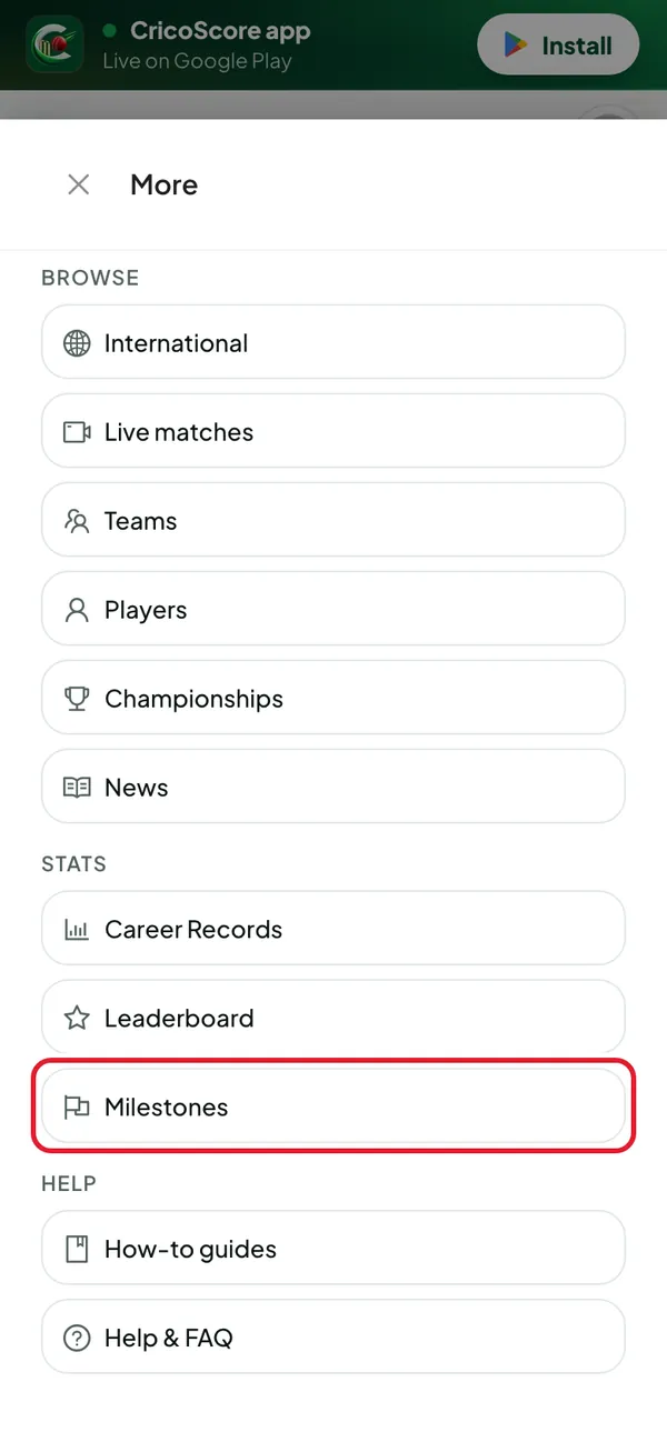 The More sheet open on a phone. Milestones under Stats is circled.