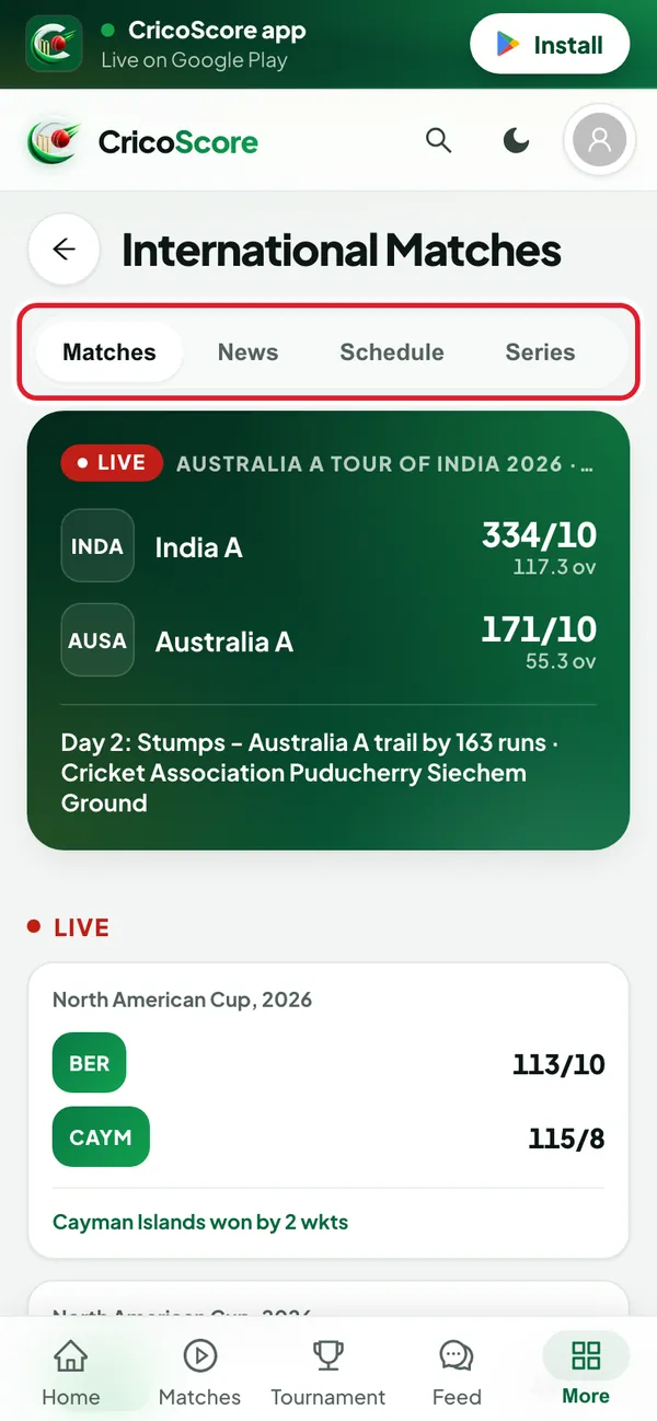 The International Matches page on a phone with live and recent matches. The tab row with Matches, News, Schedule, Series, Teams and Rankings is circled.