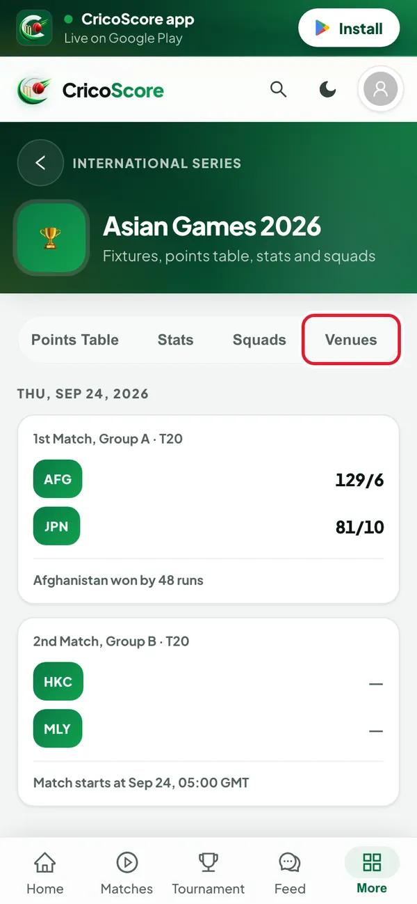 The Asian Games 2026 series page on a phone with its matches. The Venues tab is circled.