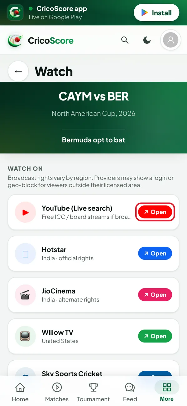 The Watch page for an international match on a phone, listing TV and streaming services. Open next to YouTube (Live search) is circled.