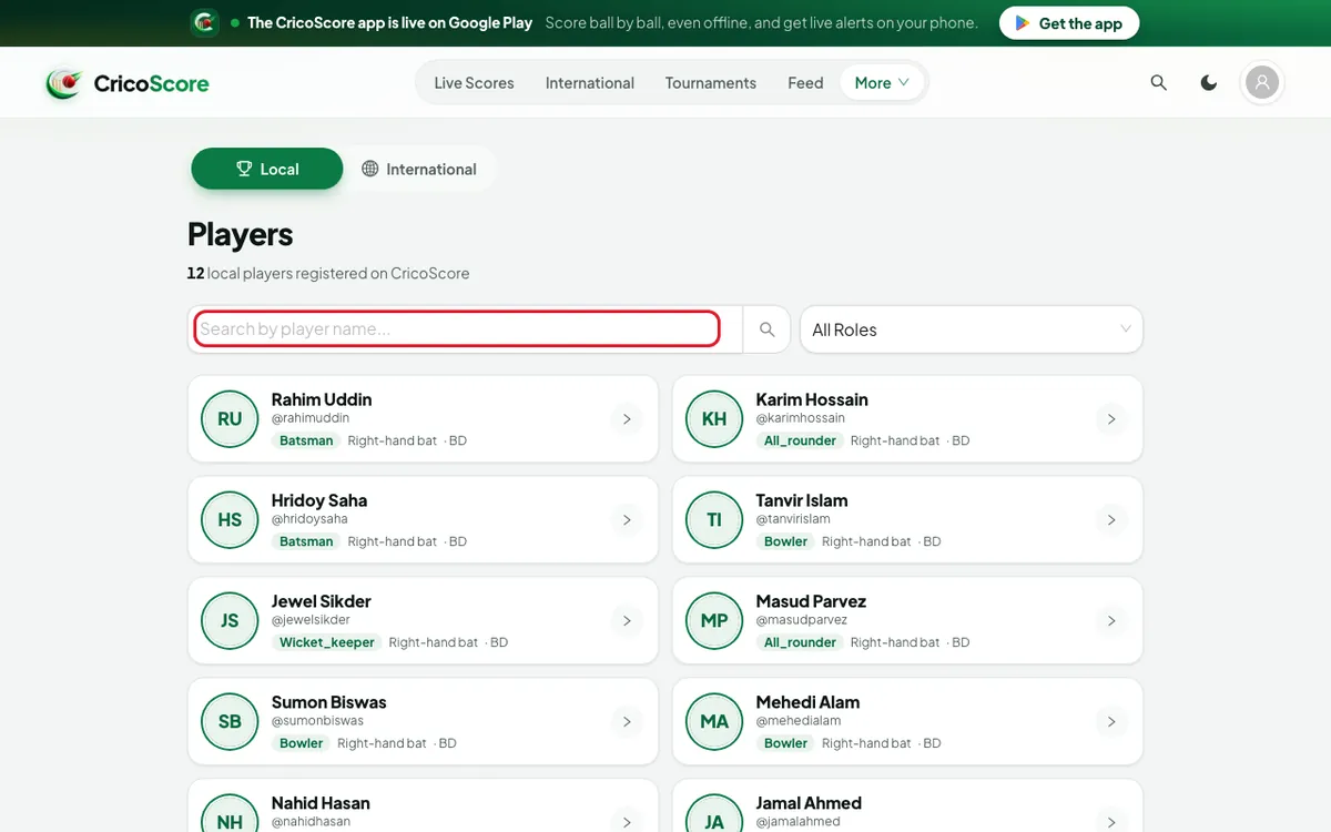 The Players page on a computer, on the Local view, with a list of players. The Search by player name box is circled.