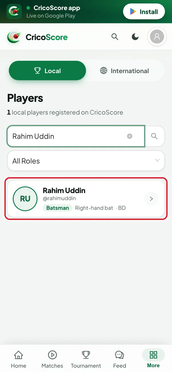 The Players page on a phone with Rahim Uddin typed in the search box. The matching player card is circled.