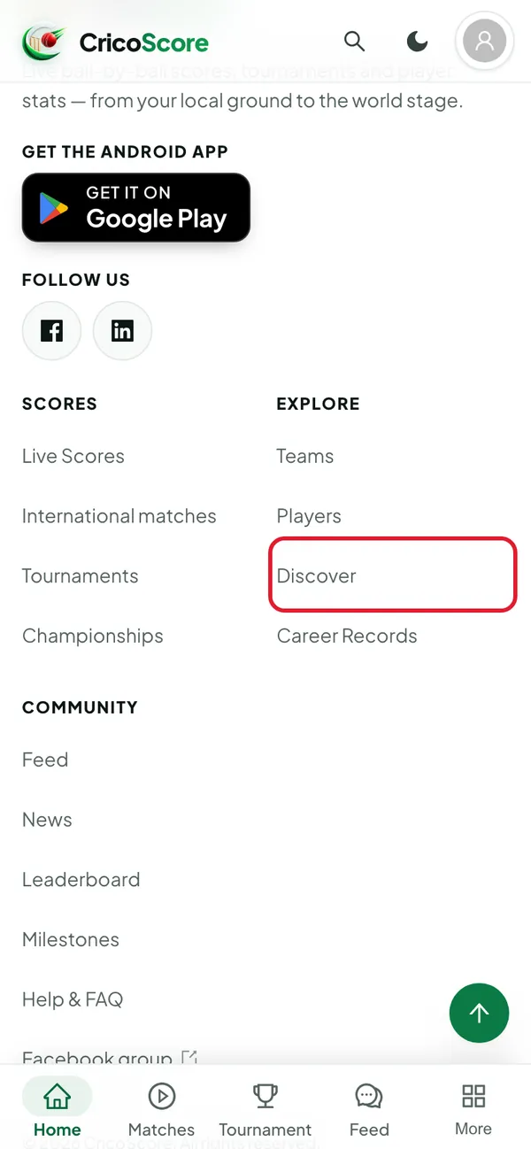 The bottom of the page footer on a phone. Discover under Explore is circled.