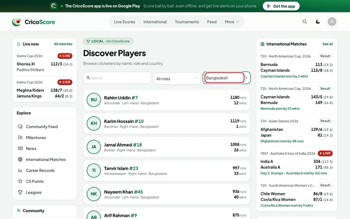 The Discover Players page on a computer with Bangladesh typed in the Country box and a list of players. The Country box is circled.