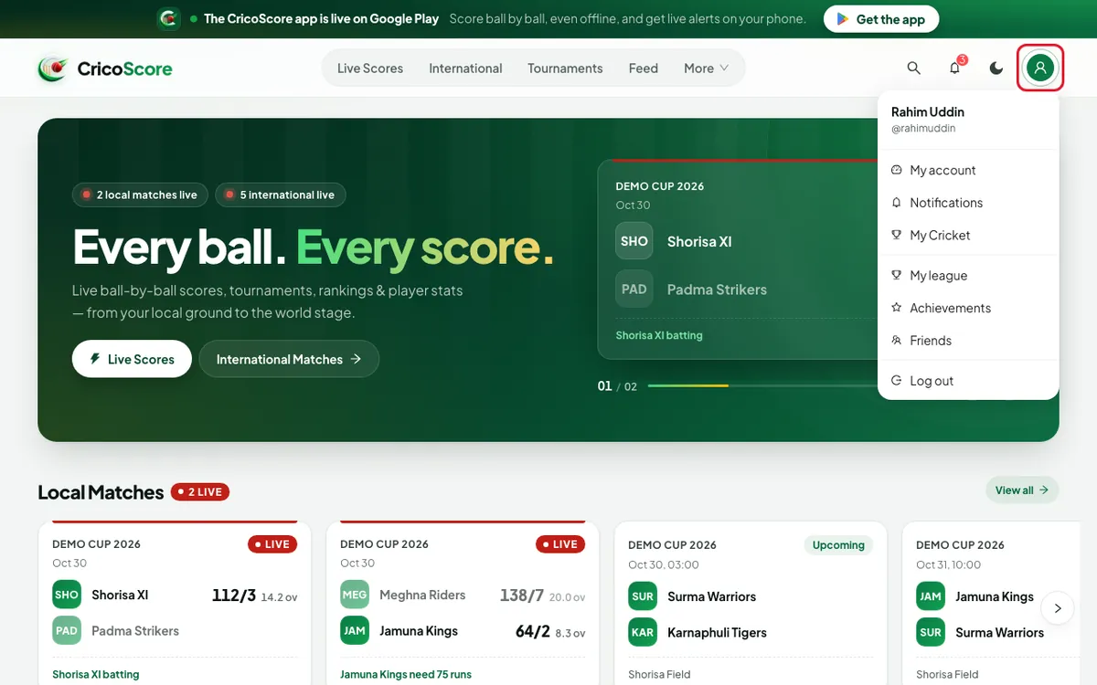 The CricoScore home page on a computer, signed in as Rahim Uddin. The account menu is open and the round picture at the top right is circled.