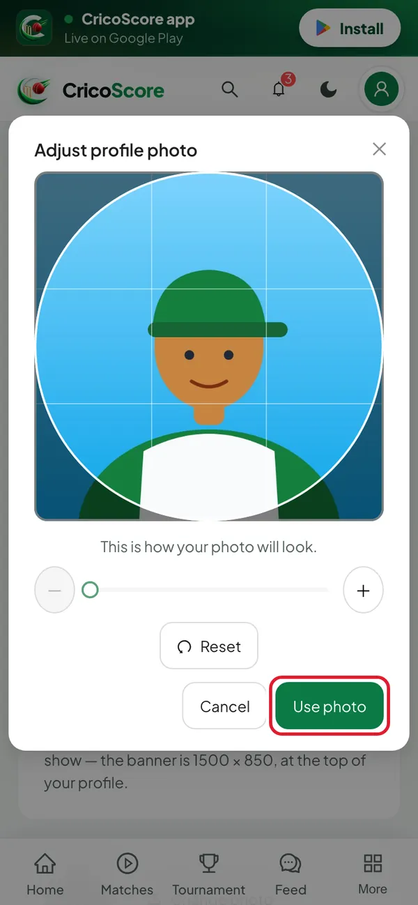 The Adjust profile photo box on a phone, with a drawn demo player photo inside a circle. The Use photo button is circled.