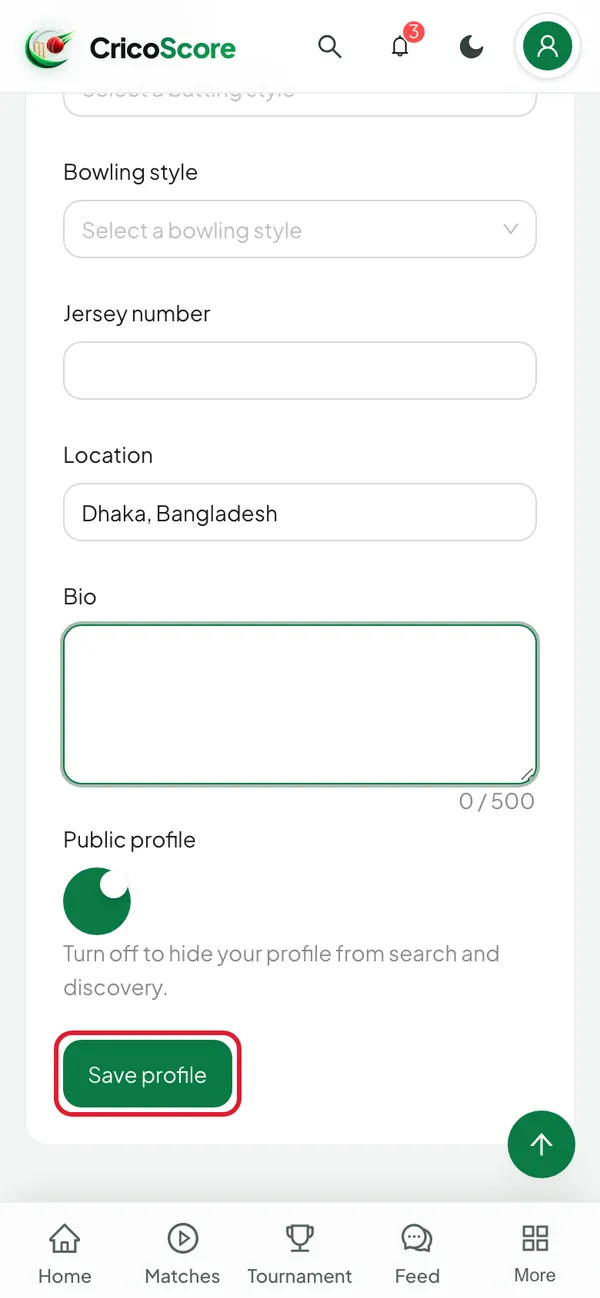 The lower part of the profile details form on a phone, with Location Dhaka, Bangladesh typed in. The Save profile button is circled.