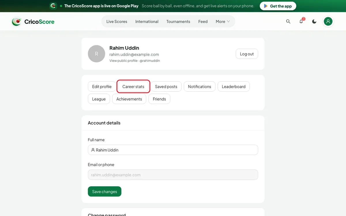 The My account page on a computer, with the Career stats button circled.