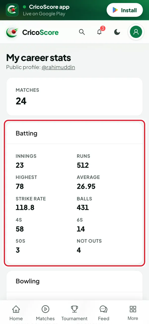 My career stats on a phone: 24 matches, and the Batting card with 512 runs is circled.