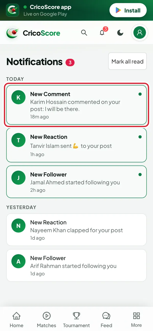 The Notifications page on a phone with rows under Today, such as Karim Hossain commenting on your post. One unread row with its dot is circled.