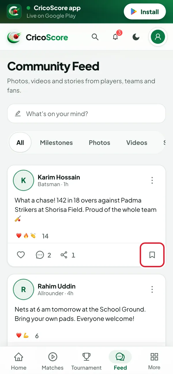 A post in the community feed on a phone, with the bookmark button at the bottom right circled.