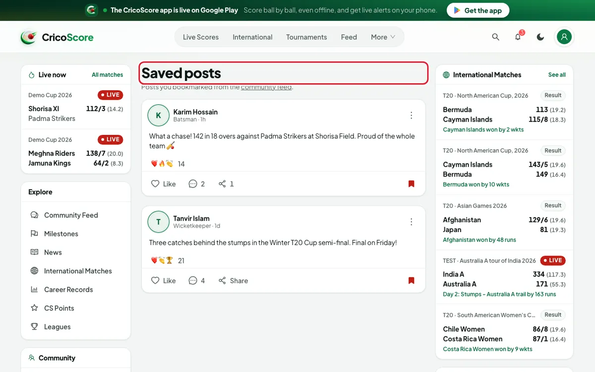 The Saved posts page on a computer with two saved posts. The page title Saved posts is circled.