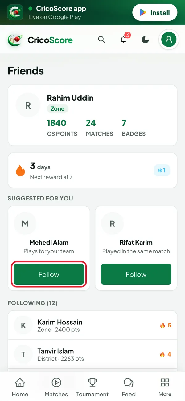 The Friends page on a phone with CS Points, a 3-day streak, Suggested for you and Following (12). The Follow button on a suggested player is circled.