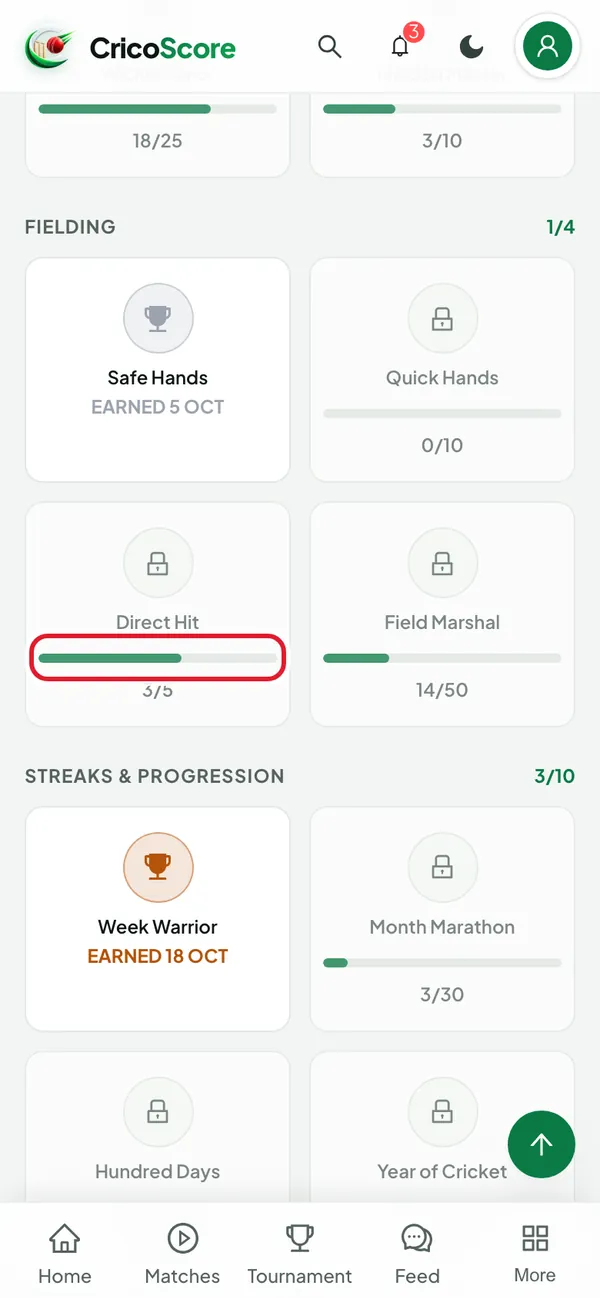 Achievements on a phone: in Fielding, Safe Hands is earned and Direct Hit is locked at 3 of 5. The progress bar of the locked badge is circled.