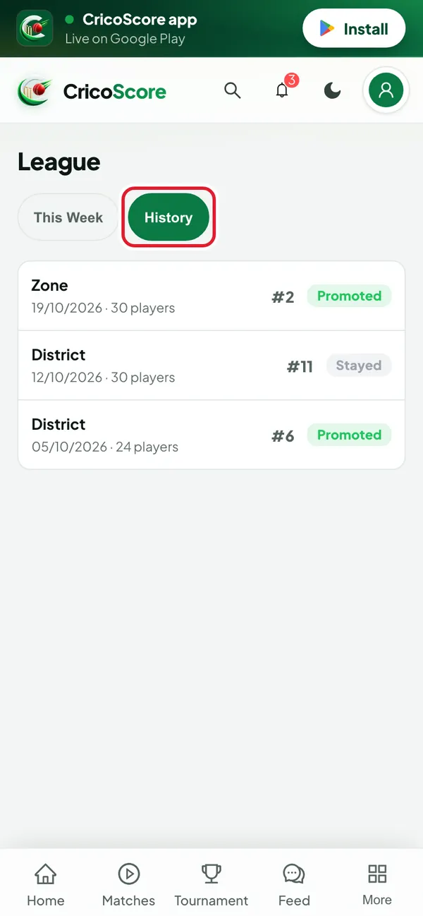 The League page on a phone, History tab, with three past weeks marked Promoted, Stayed and Promoted. The History button is circled.
